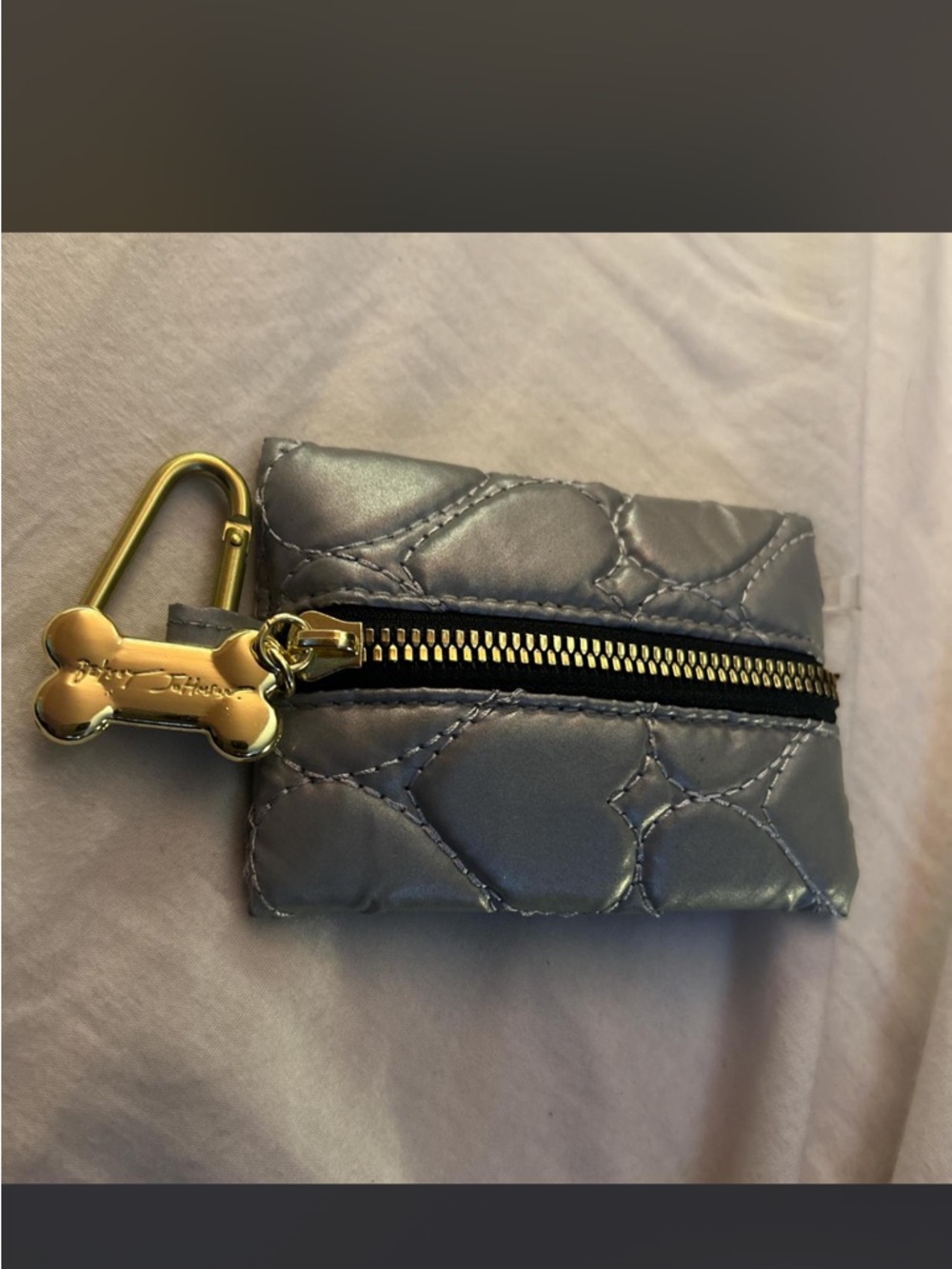 Petite Quilted Key Pouch with Gold Bone Charm - Silver